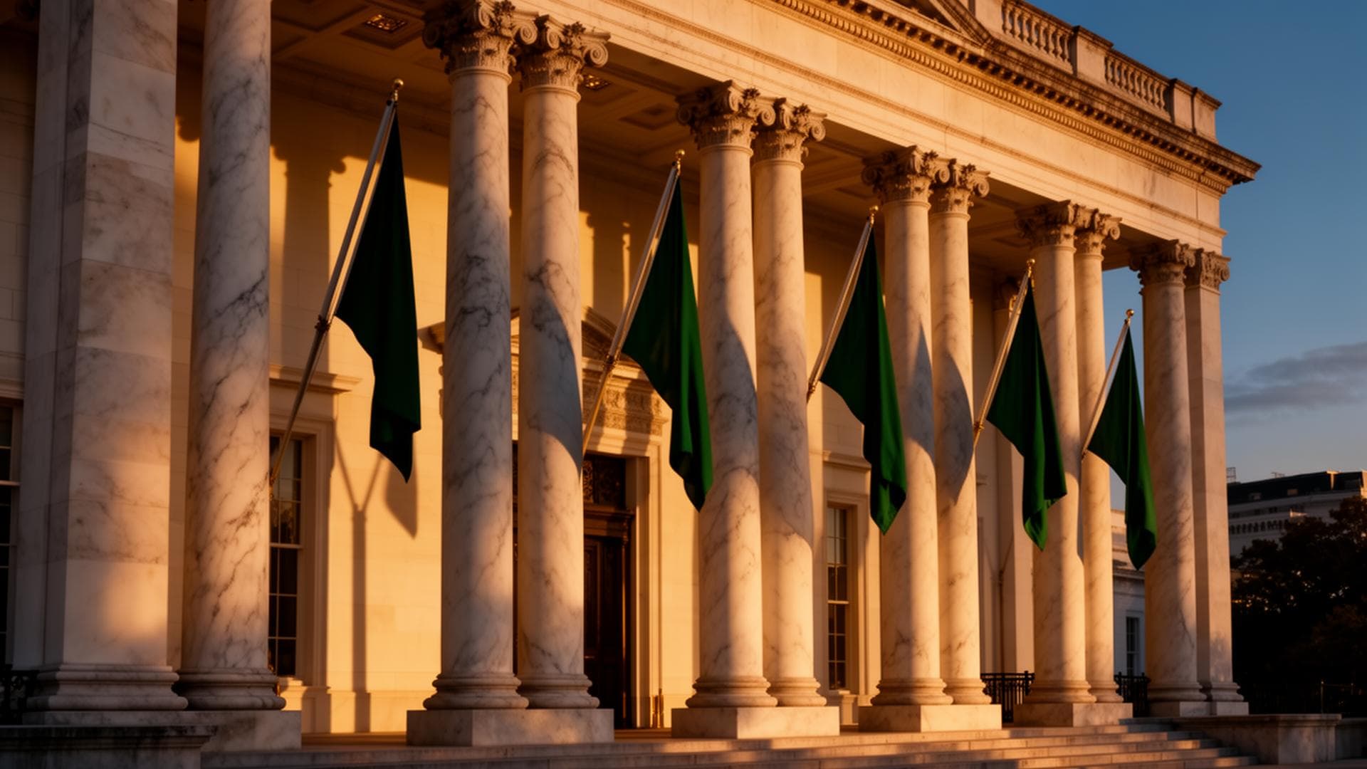 Government building colonnade with flags